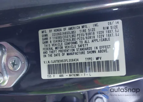 2015 Acura Rdx from USA, damaged, VIN 5J8TB3H53FL008434